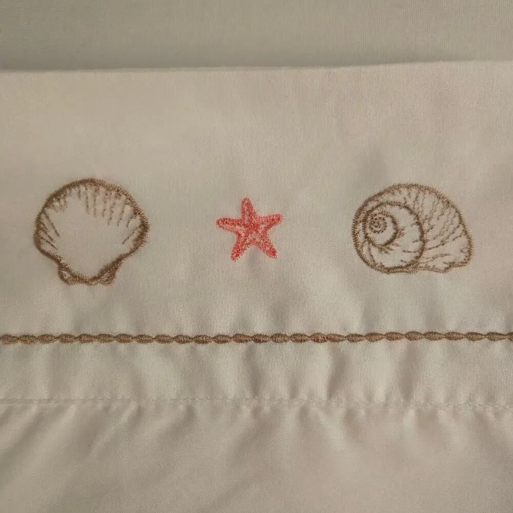 Coastal Quilt/Bedspread Twin Size White with Coral Seashell Embroidered Details
